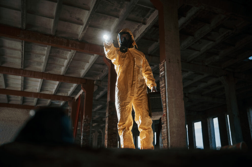 Rodent control technician in hazmat suit inspecting property for severe rat contamination.
