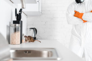 Rodent control technician observing rat on kitchen counter during inspection.