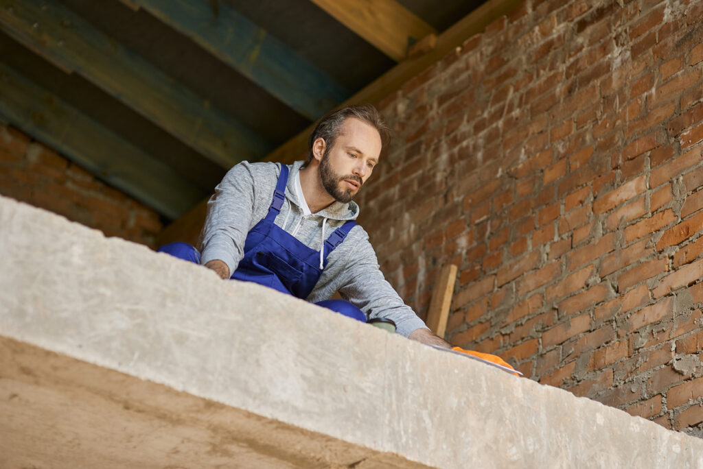 Technician surveying upper floor for rodent activity near structural gaps.