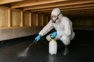 Worker spraying exterminator for rodents