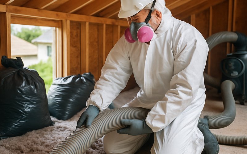 Attic cleaning after a mouse infestation in a Los Angeles home, technician removing contaminated insulation