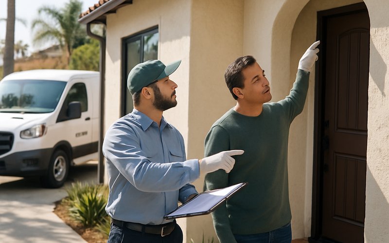A Los Angeles homeowner consulting with a licensed rodent exterminator at the front door before hiring for rat control service