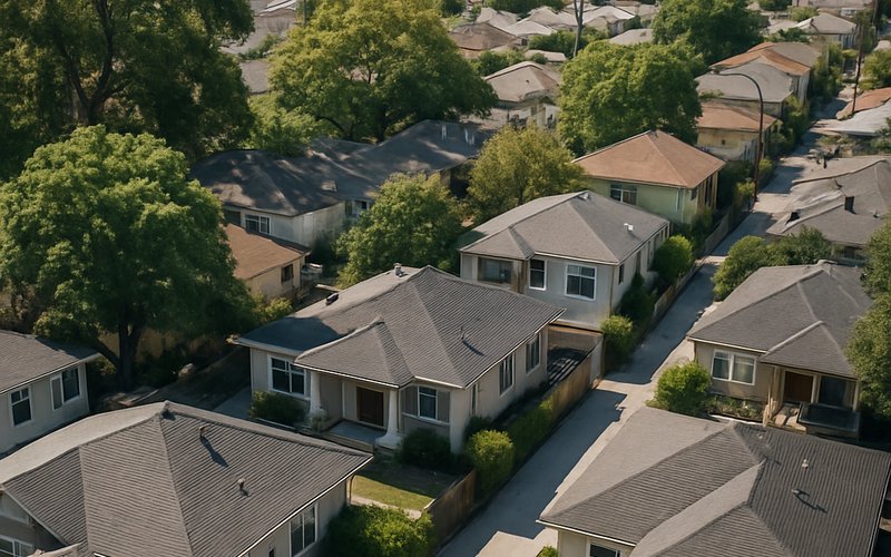 Aerial view of a dense Los Angeles neighborhood with older homes and mature trees where rat infestations are common