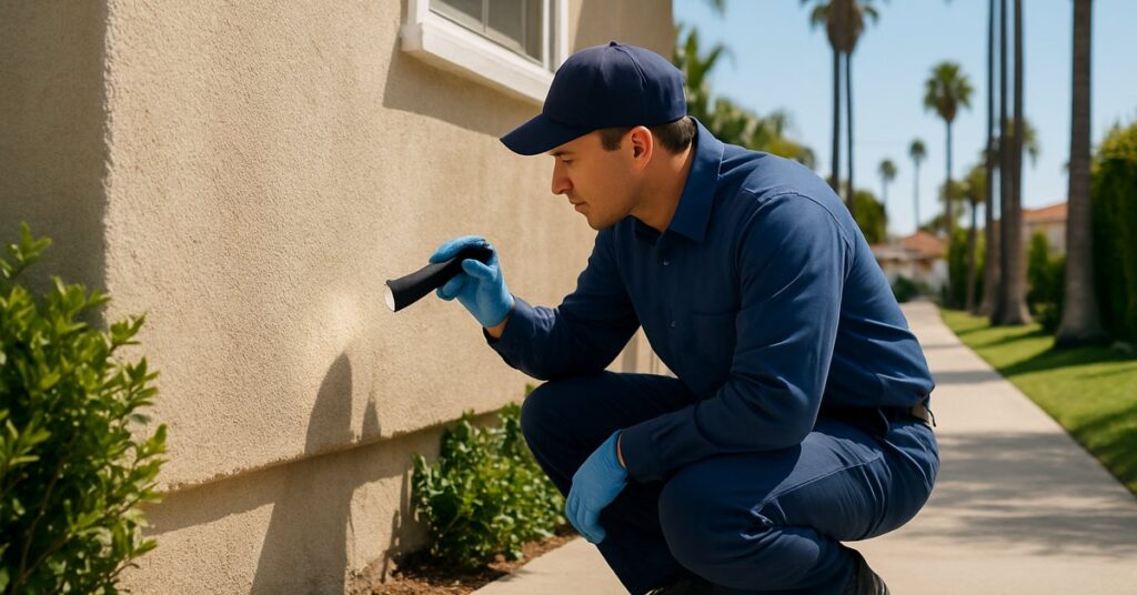 A mice exterminator inspecting the foundation of a Los Angeles home for rodent entry points