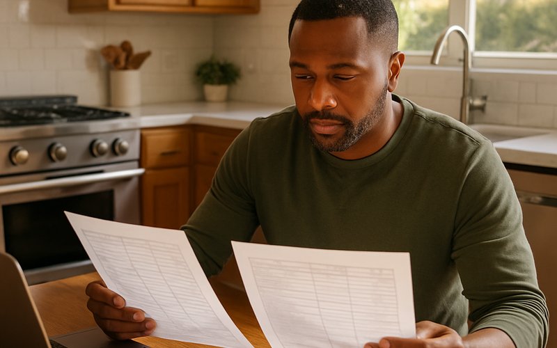A Los Angeles homeowner comparing rodent control and rodent proofing cost estimates at a kitchen table in 2026