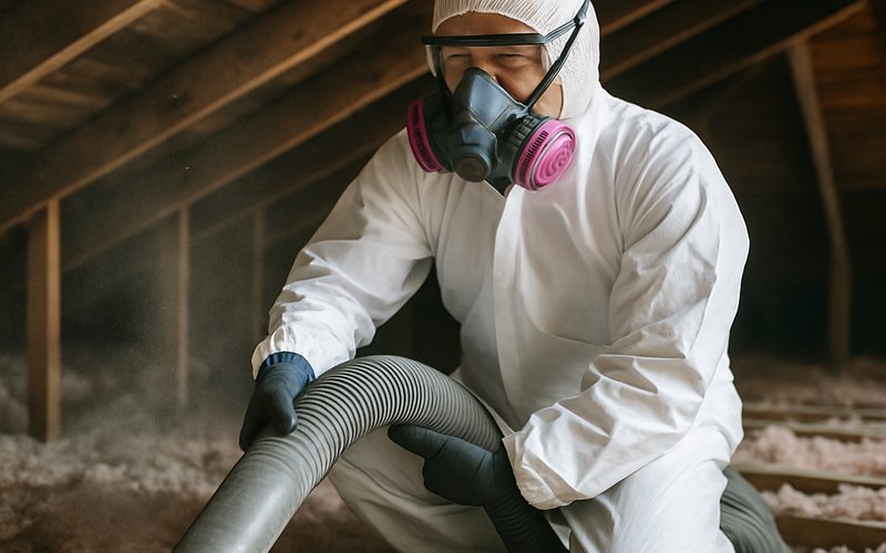 A rodent control technician removing rat-contaminated attic insulation during a full rodent proofing service in Los Angeles