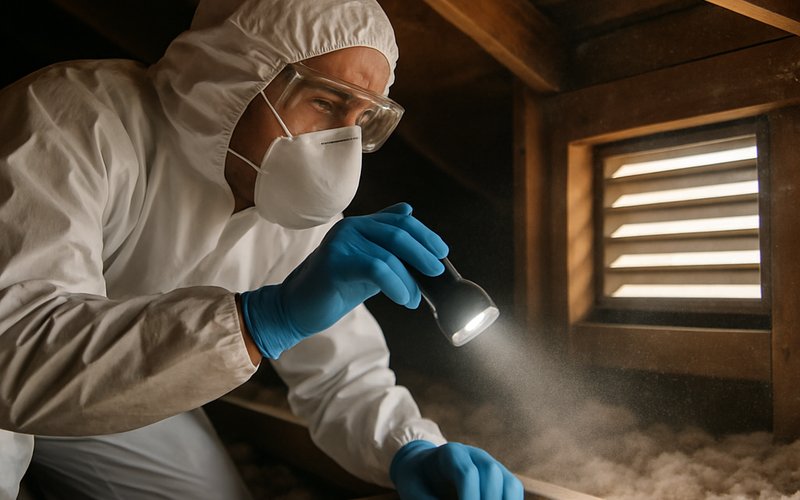 A pest control technician inspecting an attic during a rodent proofing service in a Los Angeles home