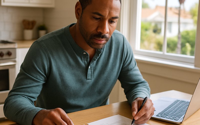 A Los Angeles homeowner comparing rodent proofing and extermination cost estimates at a kitchen table