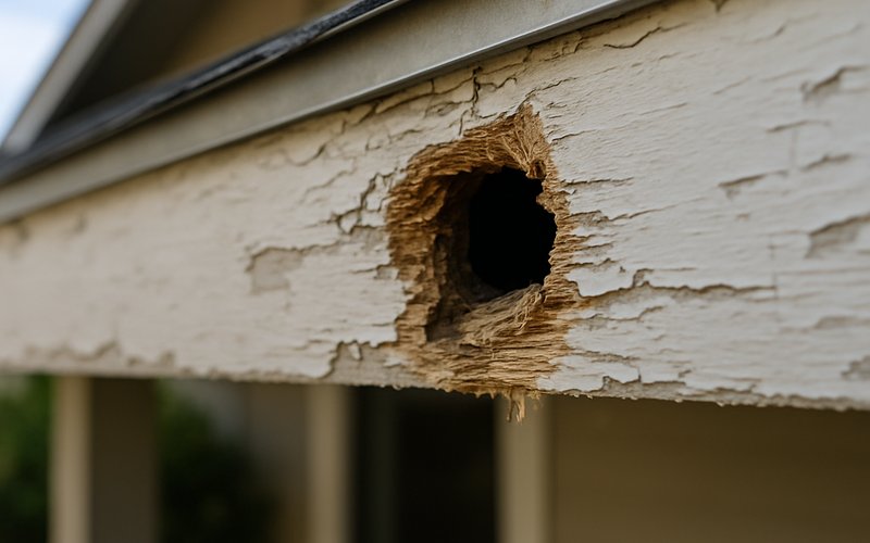 A gnawed entry point in the eave of a Los Angeles home that allowed rodent re-infestation after extermination