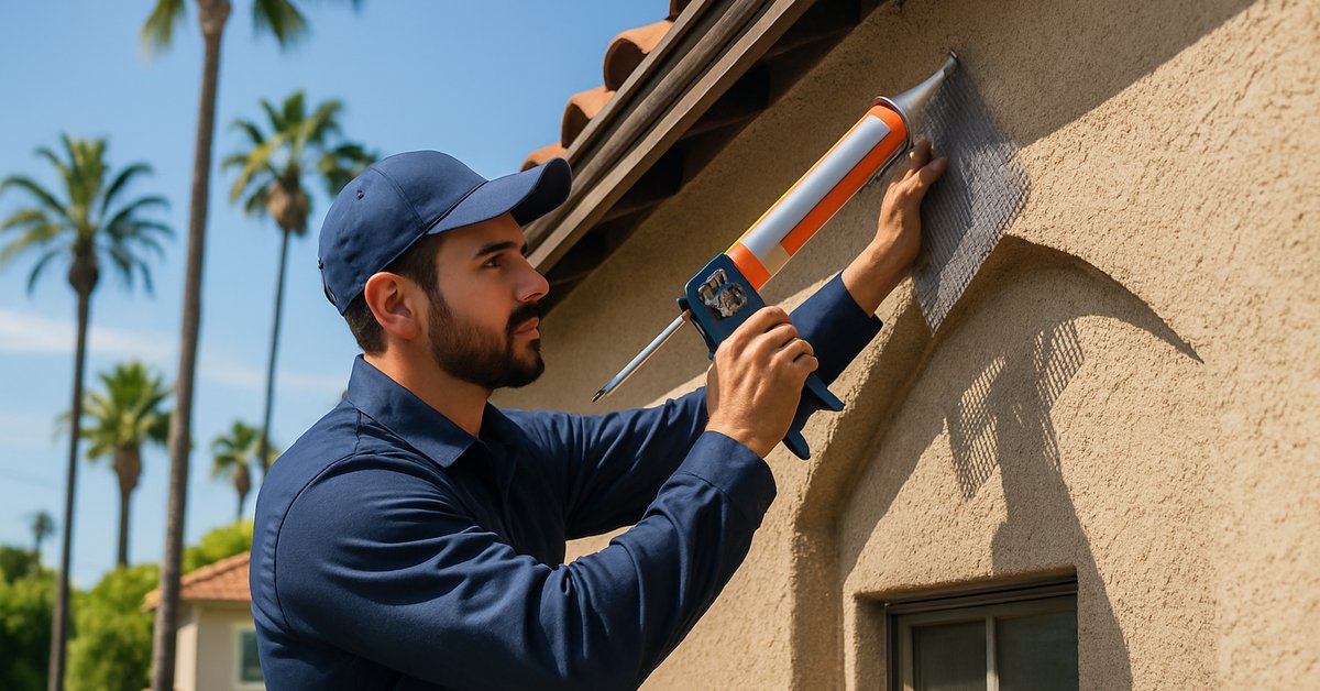 A pest control technician sealing entry points for rodent proofing on a Los Angeles home exterior