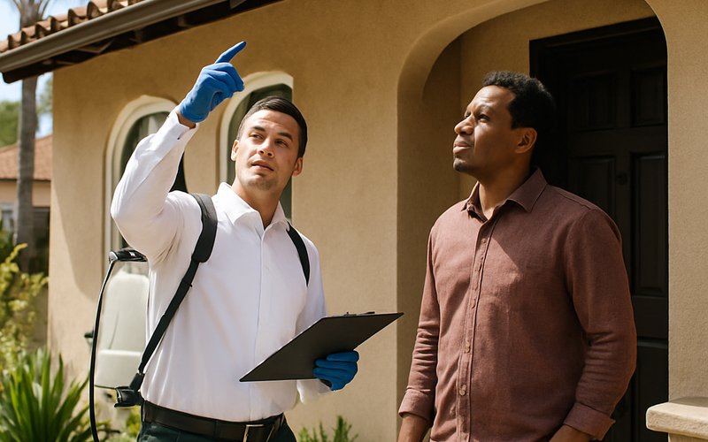 A Los Angeles homeowner consulting with a licensed rodent proofing contractor before hiring for a job