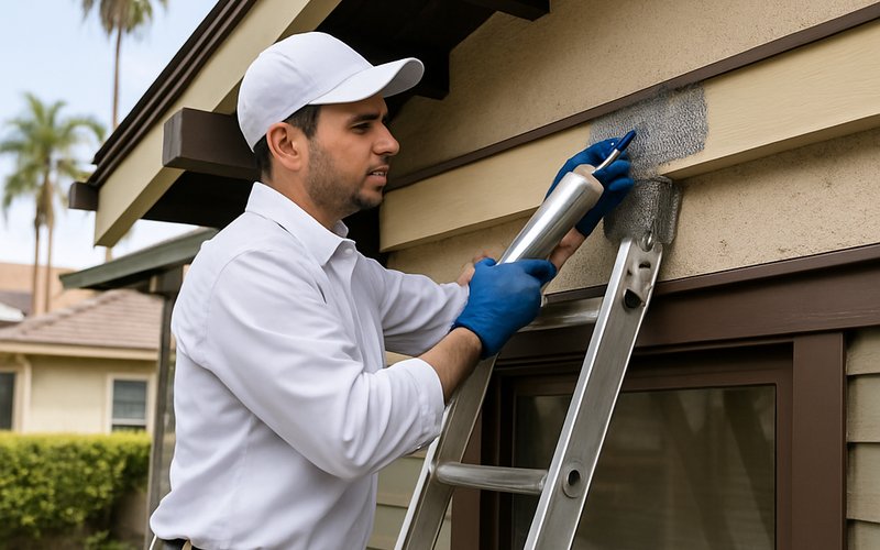 Rodent proofing technician sealing entry points on a Los Angeles home exterior