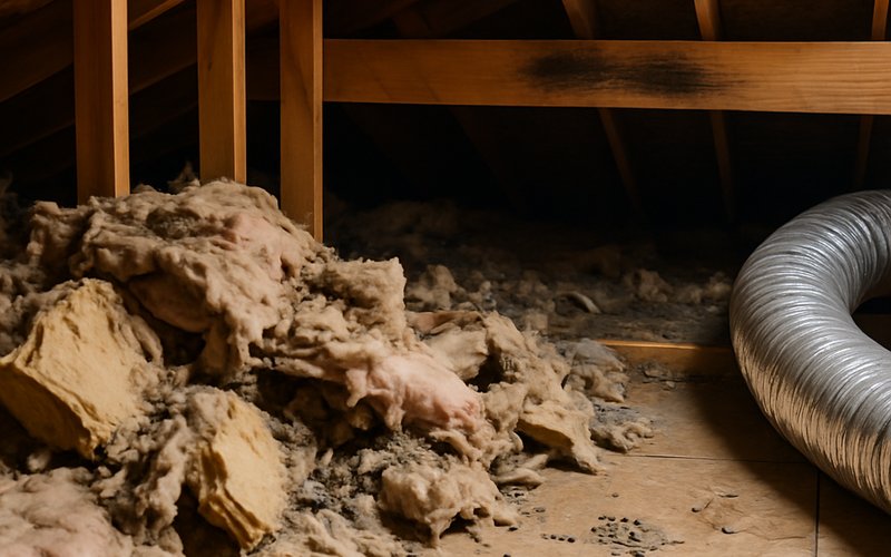 Roof rat damage including grease marks, chewed insulation, and droppings inside an Orange County CA attic