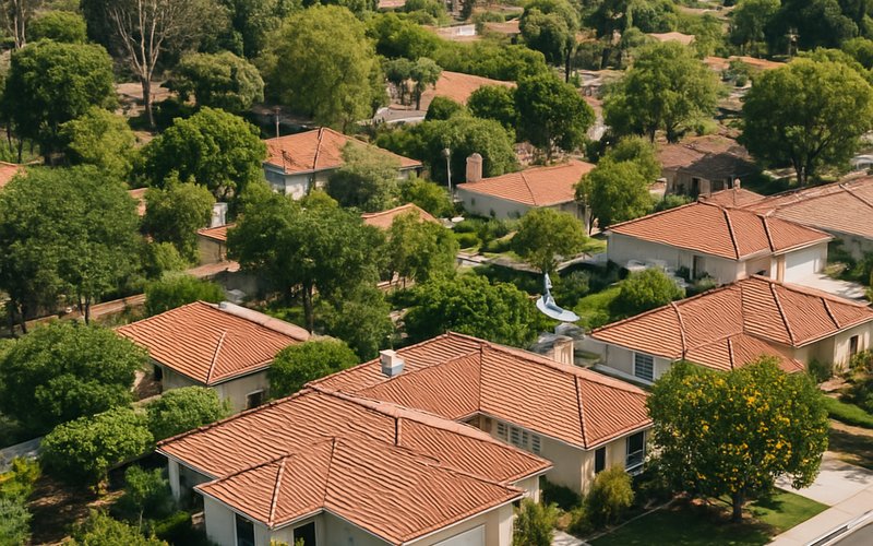 Mature tree canopy and citrus trees in an Orange County CA neighborhood where roof rats are most active