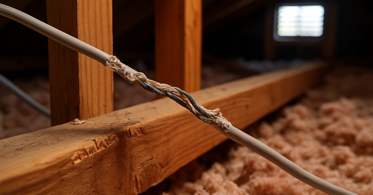Chewed attic insulation and wiring showing signs of roof rat infestation in an Orange County CA home